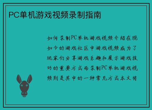 PC单机游戏视频录制指南