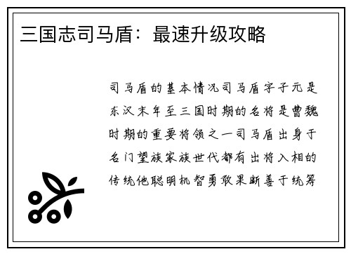 三国志司马盾：最速升级攻略